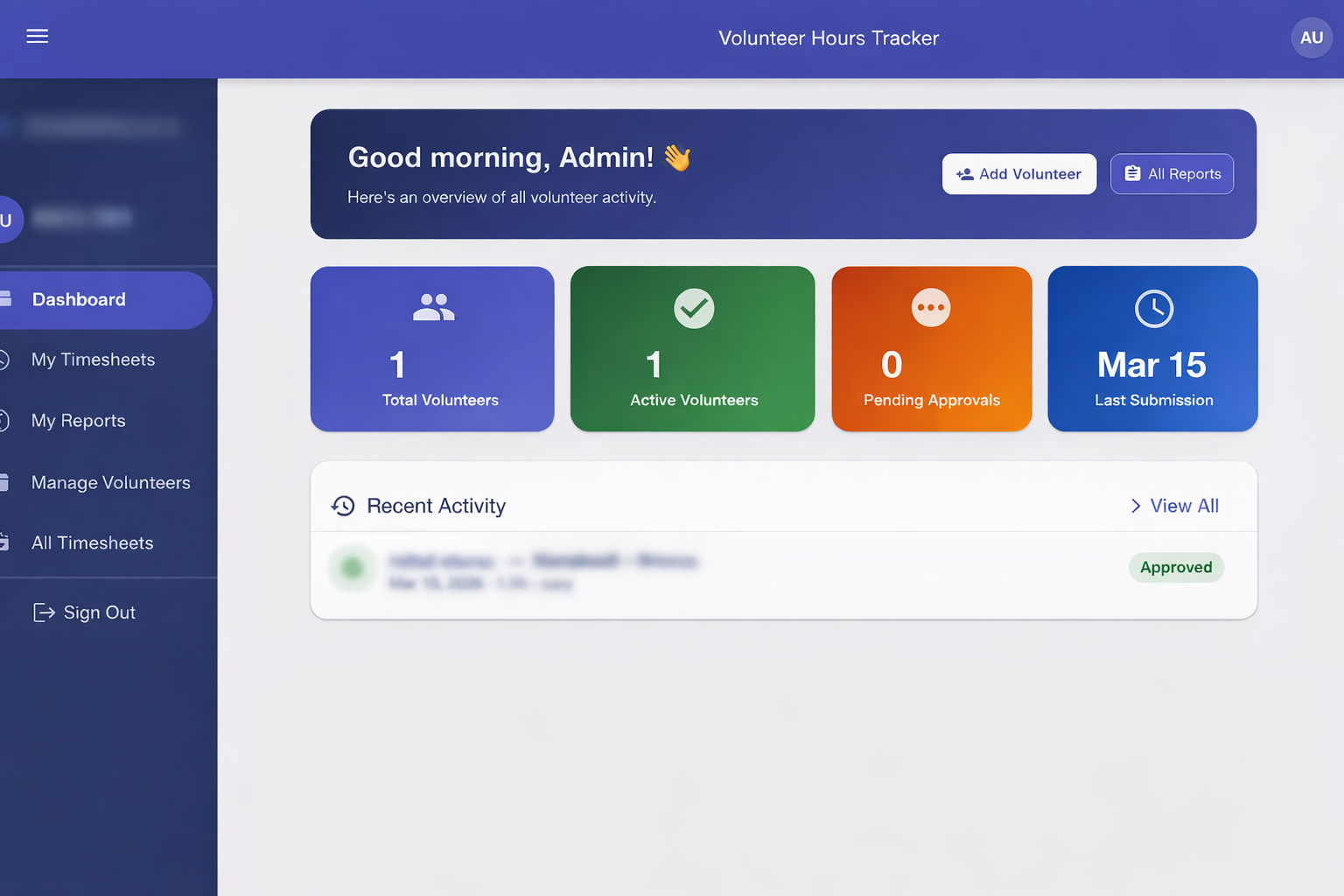 HiveTrack dashboard showing volunteer stats, recent activity, and admin controls